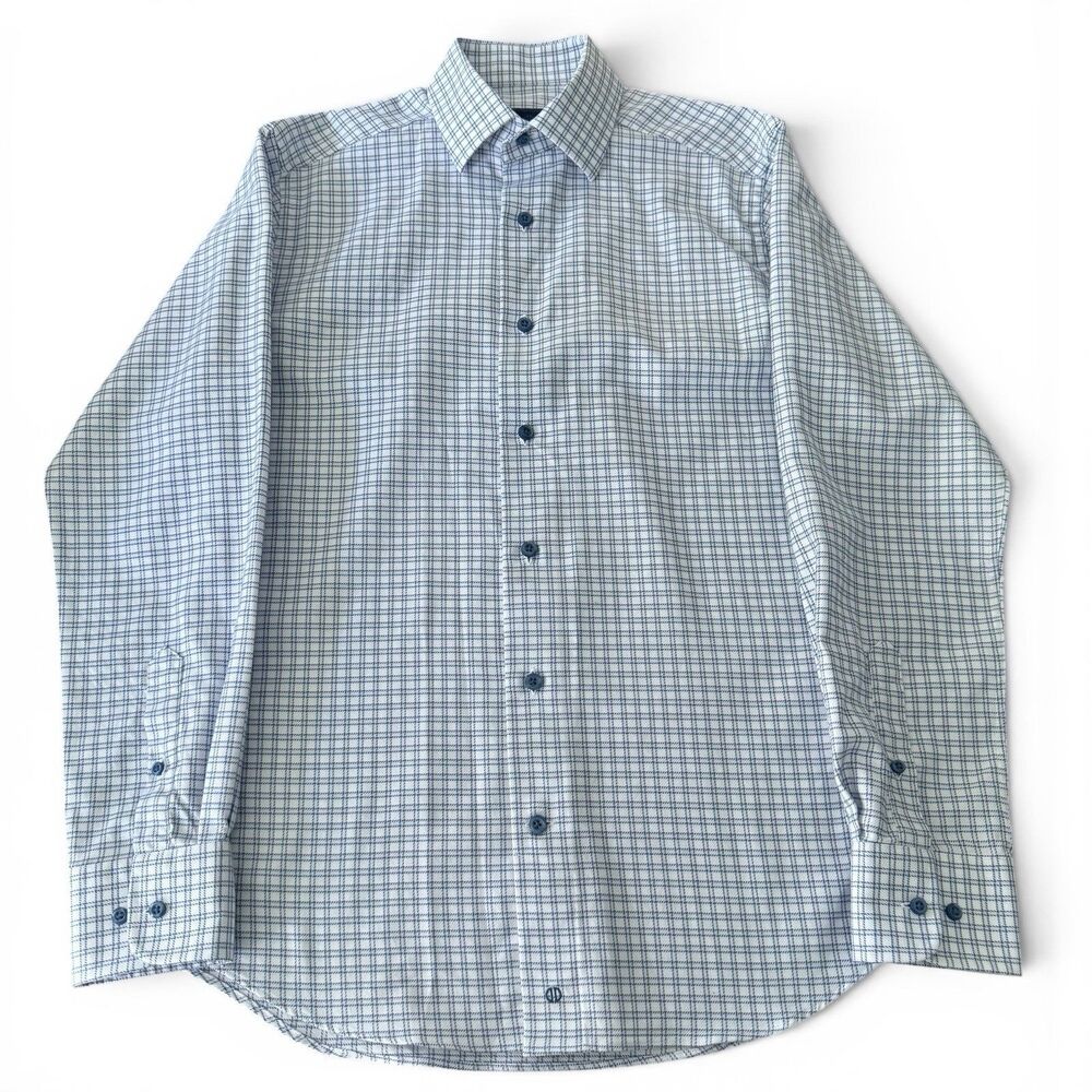 David Donahue Trim Fit‎ Dress Shirt Mens 14.5 32/33 White Blue Plaid Check Slim - Picture 2 of 14